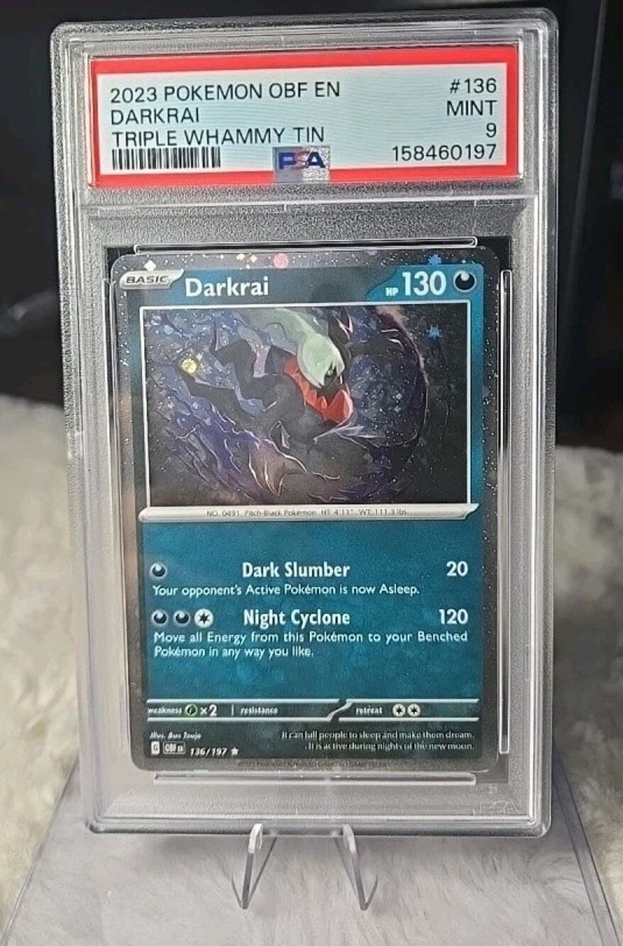 PSA 9 - DARKRAI #136 COSMOS HOLO TRIPLE WHAMMY TIN 2023 POKEMON OBSIDIAN FLAMES